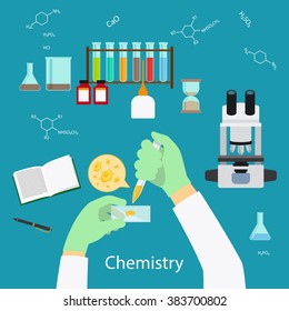 Science Experiment or chemistry laboratory concept icons on blue background. Vector illustration