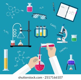 Laboratório de experimentação científica ou química. Pesquisa, testes, estudos em química, física, biologia. Mãos do médico com pipeta e tubo de ensaio. Pesquisa no desktop. Ilustração vetorial, design plano.