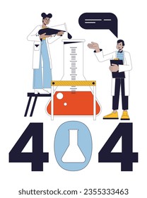 Science experiment error 404 flash message. Pouring liquid from tube to flask. Empty state ui design. Page not found popup cartoon image. Vector flat illustration concept on white background