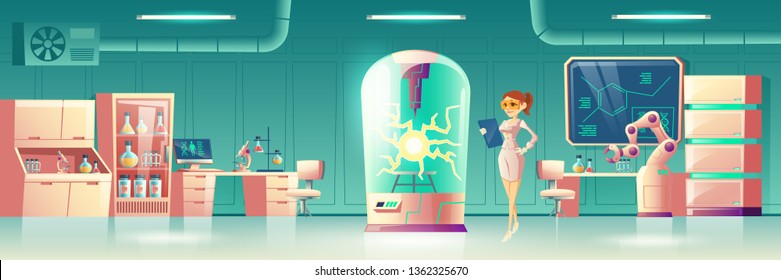 Science experiment in future laboratory cartoon vector concept. Scientist, human genome researcher with tablet in lab with robotic hand, chemical reagents and glass box for reactions illustration