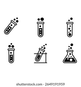 Ícones do experimento da ciência Gráficos de vetor minimalistas em preto e branco de tubos de teste de borbulhamento e frascos
