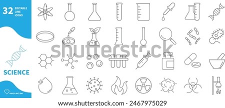 Science and experiment icons. Set of laboratory icons, test tubes, microorganisms, DNA,...