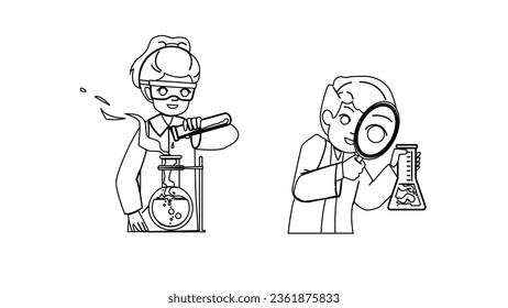science experiment kid vector. education child, school girl, learning chemistry, research lab, scientist chemical science experiment kid character. people black line illustration