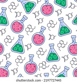 Science experiment laboratory doodle line art seamless abstract pattern concept. Vector graphic design element illustration