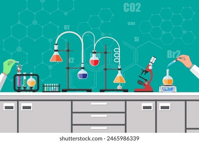 Science Experiment in laboratory. Lboratory equipment, jars, beakers, flasks, microscope, spirit lamp, scales. Biology science education medical vector illustration in flat style