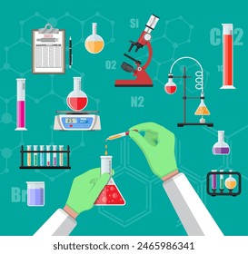 Ciencia Experimento en laboratorio. Equipo de laboratorio, frascos, vasos, frascos, microscopio, lámpara espirituosa, básculas. Biología Educación en ciencias Ilustración vectorial médica en estilo plano