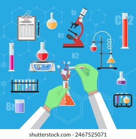 Ciencia Experimento en laboratorio. Equipo de laboratorio, frascos, vasos, frascos, microscopio, lámpara espirituosa, básculas. Biología Educación en ciencias Ilustración vectorial médica en estilo plano