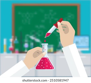 Science Experiment in laboratory. Lboratory equipment, jars, beakers, flasks, microscope, spirit lamp. Biology science education medical vector illustration in flat style