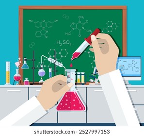 Science Experiment in laboratory. Lboratory equipment, jars, beakers, flasks, microscope, spirit lamp. Biology science education medical vector illustration in flat style