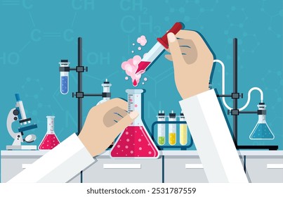 Science Experiment in laboratory. Lboratory equipment, jars, beakers, flasks, microscope, spirit lamp. Biology science education medical vector illustration in flat style