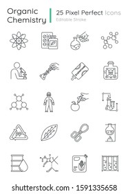 Science experiment linear icons set. Biotechnology equipment. Work in laboratory. Changing nature. Organic chemistry. Thin line contour symbols. Isolated vector outline illustrations. Editable stroke