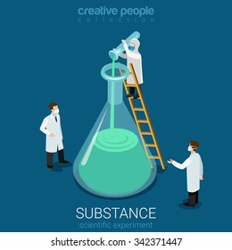 Science experiment new substance discovery flat 3d isometry isometric chemical concept web infographics vector illustration. Micro lab workers pouring huge flask. Creative people collection.