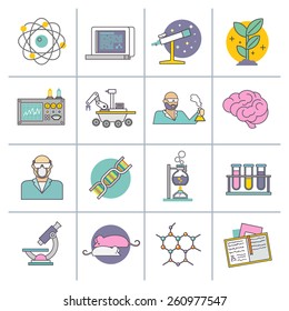 Science experiment and research equipment flat line icons set isolated vector illustration