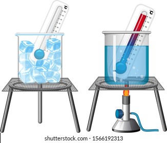 Science experiment and thermometers in ice   hot water illustration
