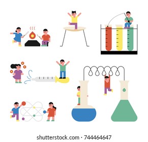 Science experiment tools and fun kids character concept design. vector illustration flat style