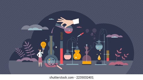 Science experiments with chemical or physics laboratory tests tiny person concept. Lab equipment with chemist teacher vector illustration. Liquid substances experimental research. Scientific workplace