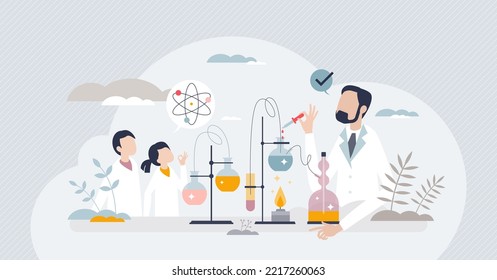 Science experiments with kids in children laboratory tiny person concept. Chemical education learning with chemistry equipment and liquid fluids test vector illustration. Fun scientific practice lab.