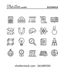 Science, experiments, laboratory, studies and more, thin line icons set, vector illustration