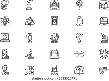 A coleção de ícones da feira de ciências é uma ilustração vetorial com traço editável.