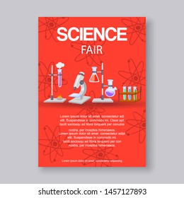 Science fair and innovation expo vector illustration. Educational or scientific event invitation with microscope, beakers and molecule formula for scientists fair for physics, chemestry.