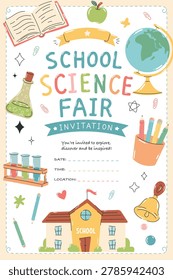 Science fair invitation poster with classroom icons in doodle style
