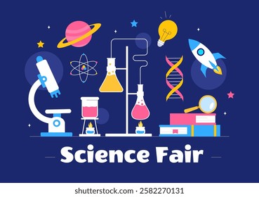 Science Fair Vector Illustration featuring a Chemist Conducting Chemical Experiments for Scientific Analysis, Data Collection, Research and Survey