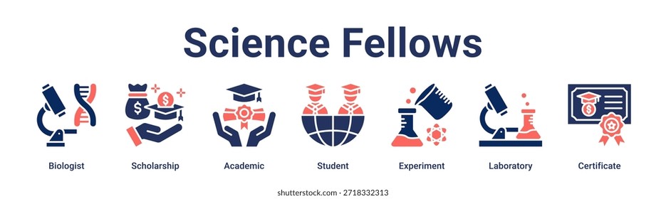 Science Fellows banner web ícone vetor ilustração conceito para a educação com ícone de biólogo, bolsa de estudos, acadêmico, estudante, experimento, laboratório.