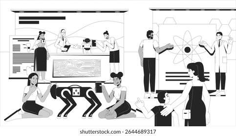 Science festival STEM fair line illustration. Robotics engineer, scientist showcasing robot dog, physics research to visitors 2D ink linear characters monochrome. Flat outline vector image