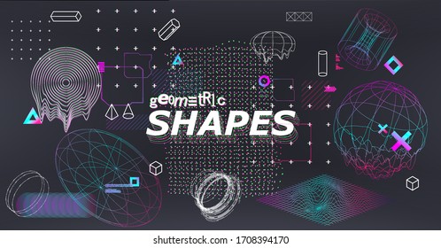 Science fiction abstract elements set with 3D gradient shapes and glitched geometric figures. Cyberpunk retro futurism set, vaporwave. Digital memphis collection. Vector illustration