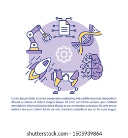 Science fiction article page vector template. Brochure, magazine, booklet design element with linear icons. Futuristic technologies, sci fi engineering. Print design. Concept illustrations with text