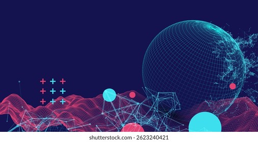 Science fiction background. Abstract image of wireframe wave and sphere with plexus effect.