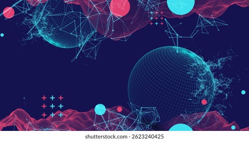 Science fiction background. Abstract image of wireframe wave and sphere with plexus effect.