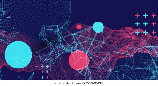 Science fiction background. Abstract image of wireframe wave and sphere with plexus effect.