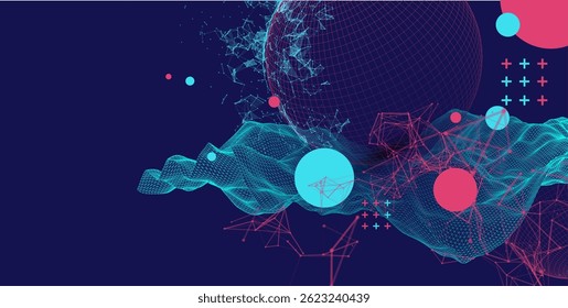 Science fiction background. Abstract image of wireframe wave and sphere with plexus effect.