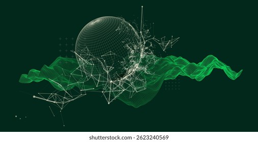 Science fiction background. Abstract image of wireframe wave and sphere with plexus effect.