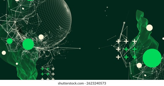 Science fiction background. Abstract image of wireframe wave and sphere with plexus effect.