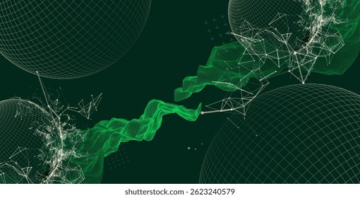 Science fiction background. Abstract image of wireframe wave and sphere with plexus effect.