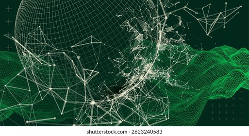 Science fiction background. Abstract image of wireframe wave and sphere with plexus effect.