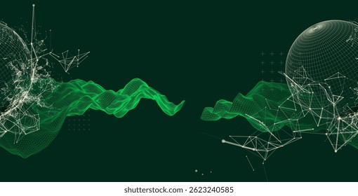 Science fiction background. Abstract image of wireframe wave and sphere with plexus effect.