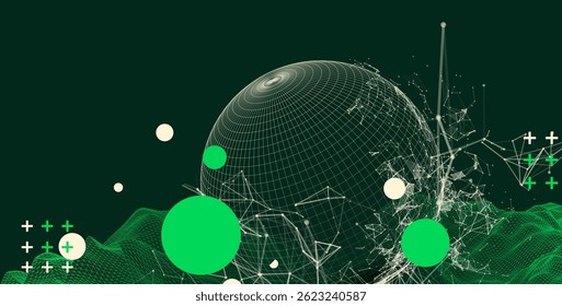 Science fiction background. Abstract image of wireframe wave and sphere with plexus effect.