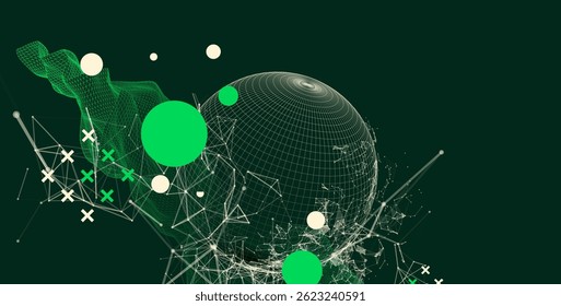 Science fiction background. Abstract image of wireframe wave and sphere with plexus effect.