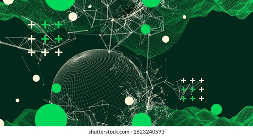 Science fiction background. Abstract image of wireframe wave and sphere with plexus effect.