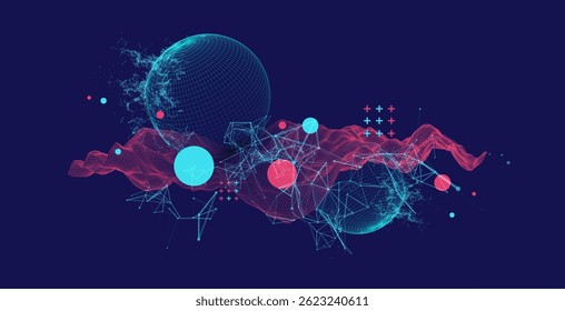 Science fiction background. Abstract image of wireframe wave and sphere with plexus effect.