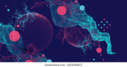 Science fiction background. Abstract image of wireframe wave and sphere with plexus effect.