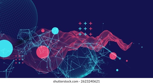 Science fiction background. Abstract image of wireframe wave and sphere with plexus effect.