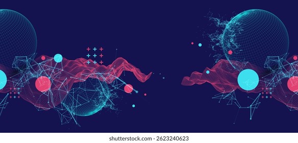 Science fiction background. Abstract image of wireframe wave and sphere with plexus effect.