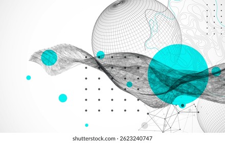 Science fiction background. Abstract image of wireframe wave and sphere with plexus effect.