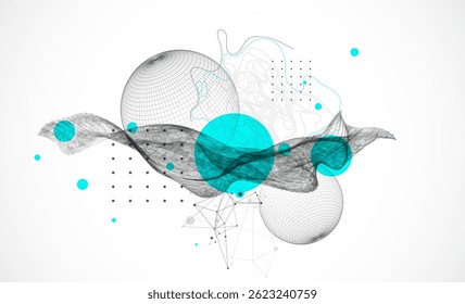 Science fiction background. Abstract image of wireframe wave and sphere with plexus effect.
