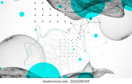 Science fiction background. Abstract image of wireframe wave and sphere with plexus effect.