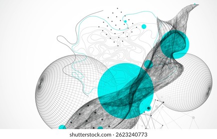 Science fiction background. Abstract image of wireframe wave and sphere with plexus effect.